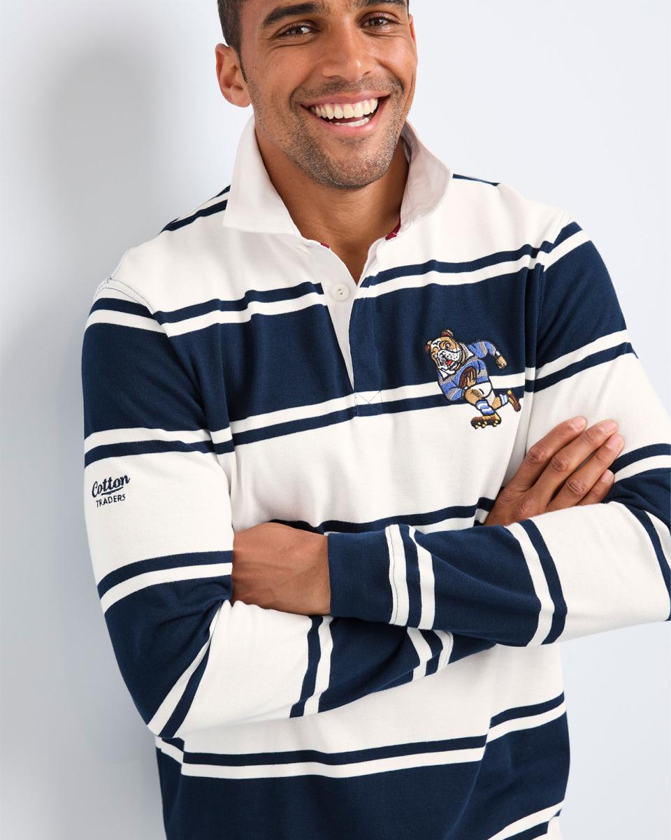 Rugby Men Cotton Traders Long Sleeve Embroidered Stripe Rugby Shirt Navy Fashionable - 2