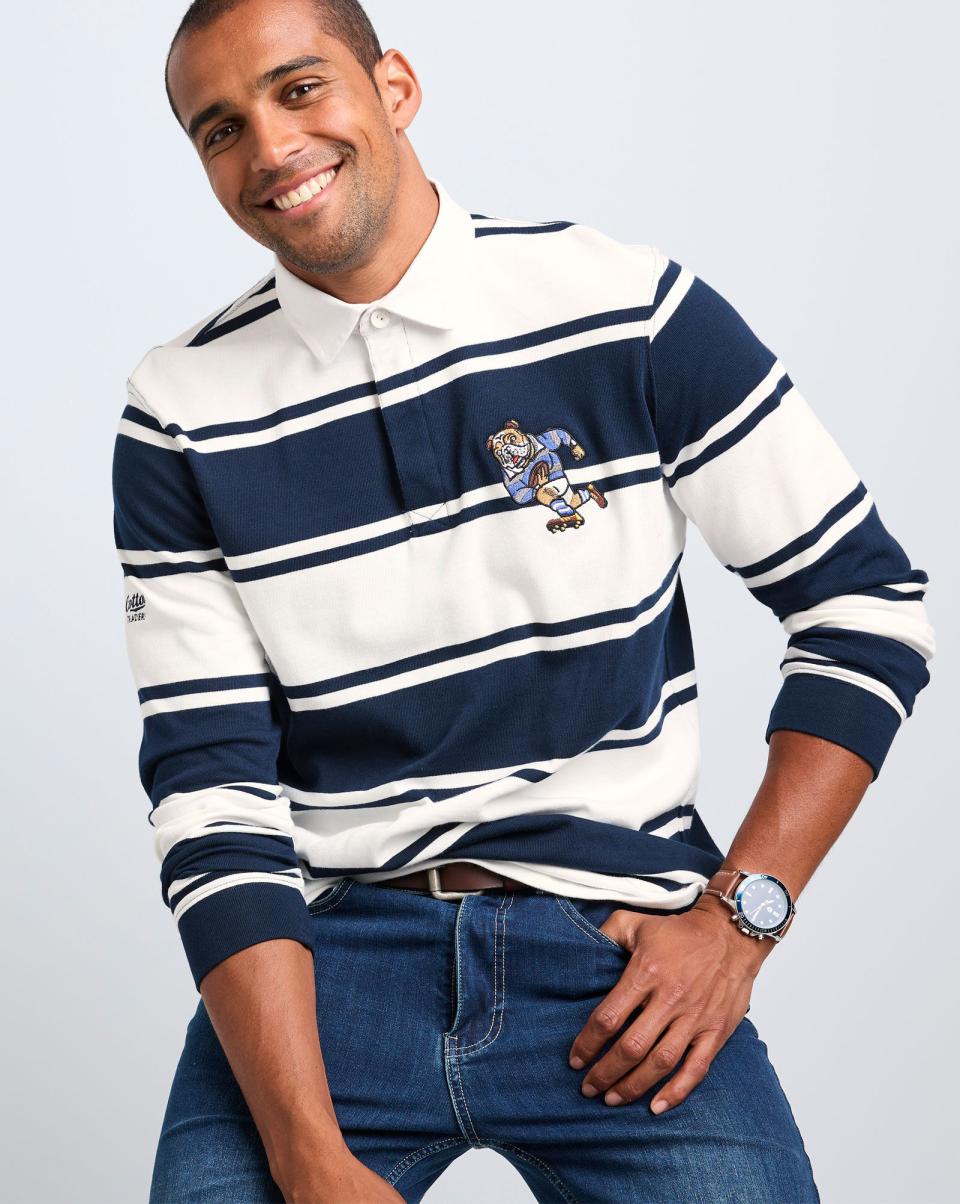 Rugby Men Cotton Traders Long Sleeve Embroidered Stripe Rugby Shirt Navy Fashionable - 3