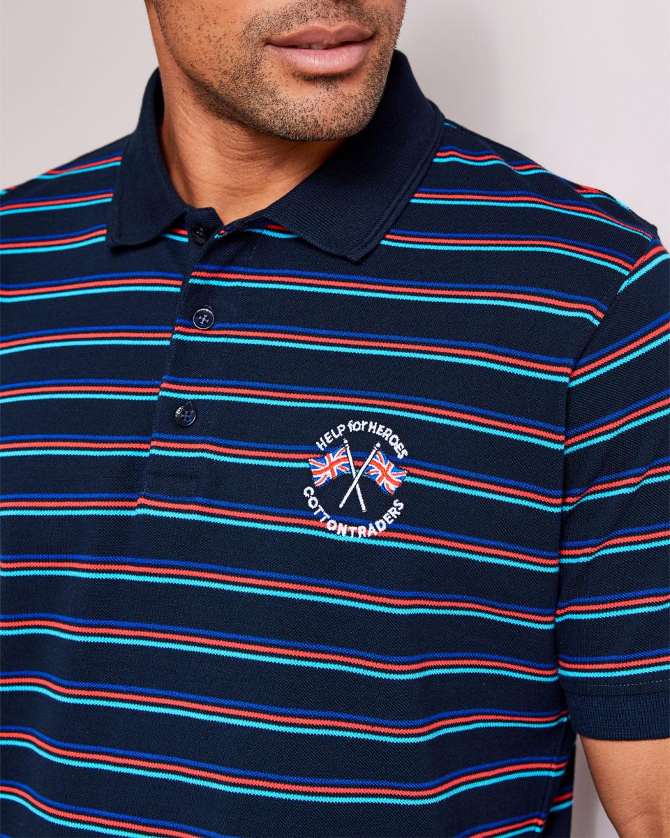 Rugby Reduced Men Help For Heroes Short Sleeve Stripe Polo Shirt Navy Cotton Traders - 2