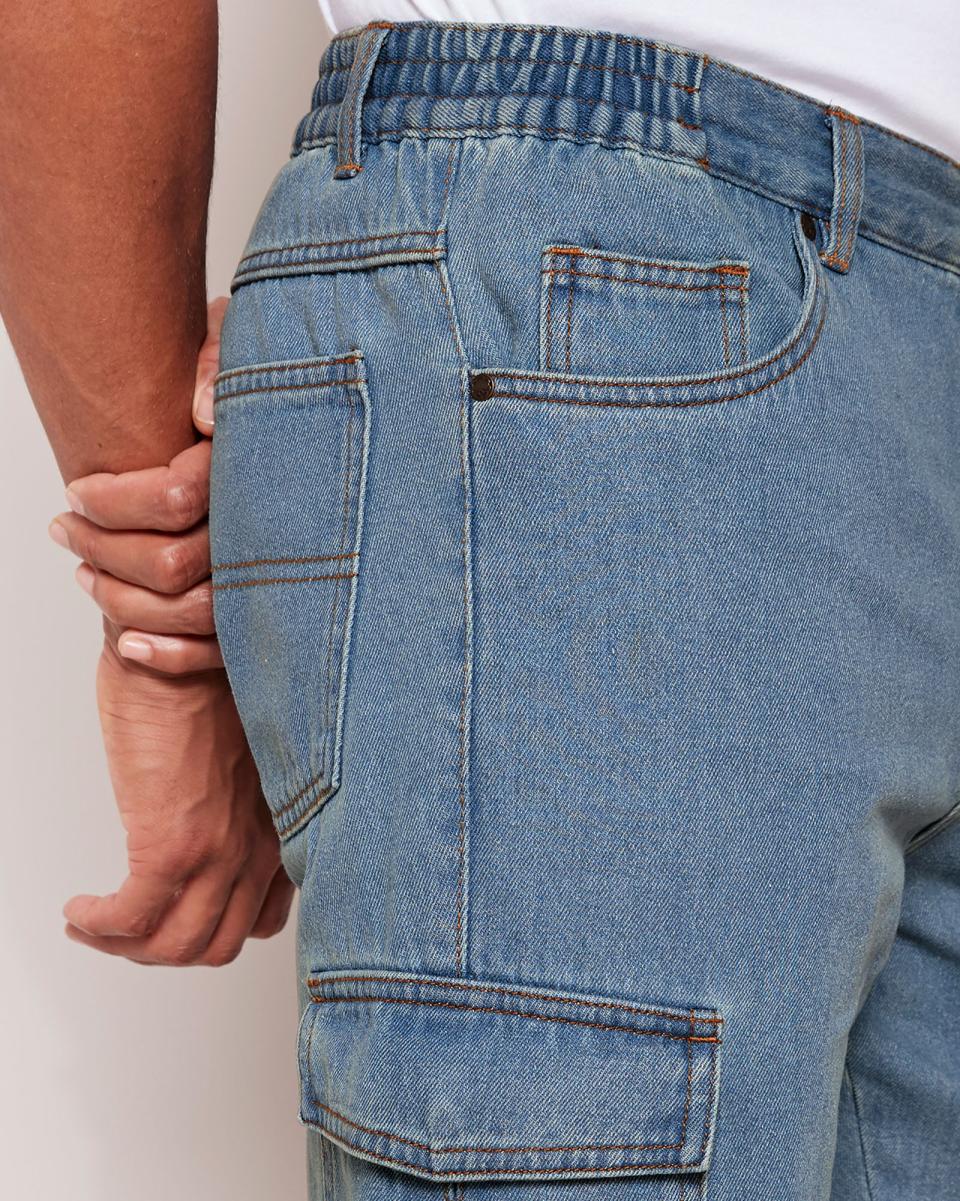 2024 Mid Stonewash Denim Cargo Jeans Men Trousers Cotton Traders - 2