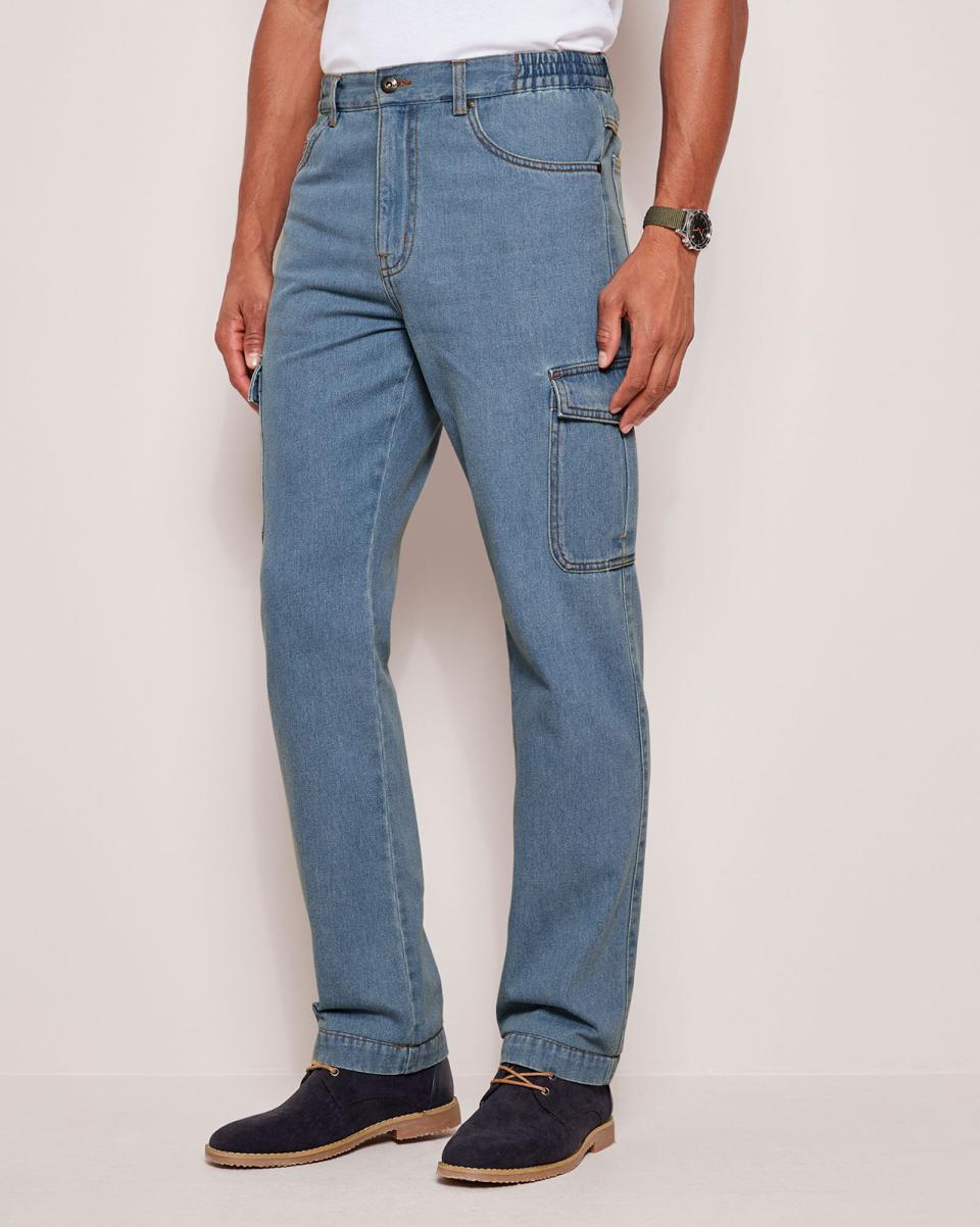 2024 Mid Stonewash Denim Cargo Jeans Men Trousers Cotton Traders