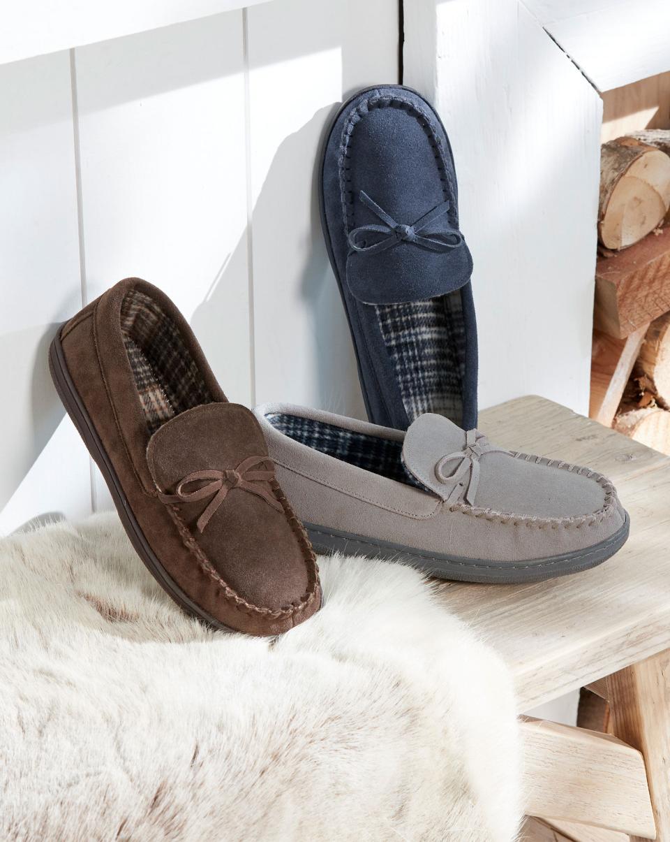 Grey Slippers Suede Check-Lined Moccasin Slippers Cotton Traders Men Money-Saving - 2