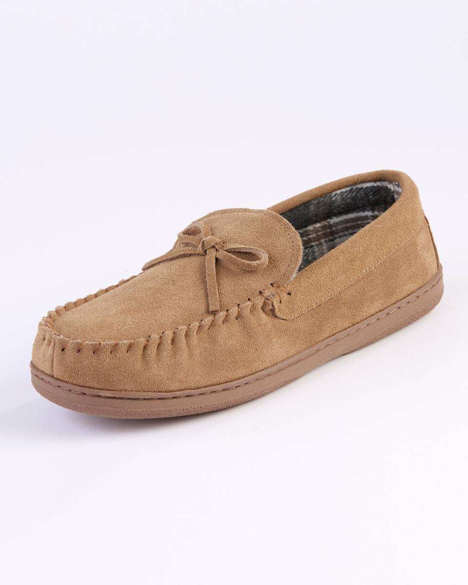 Cotton Traders Men Tan Secure Suede Check Lined Moccasin Slippers Slippers
