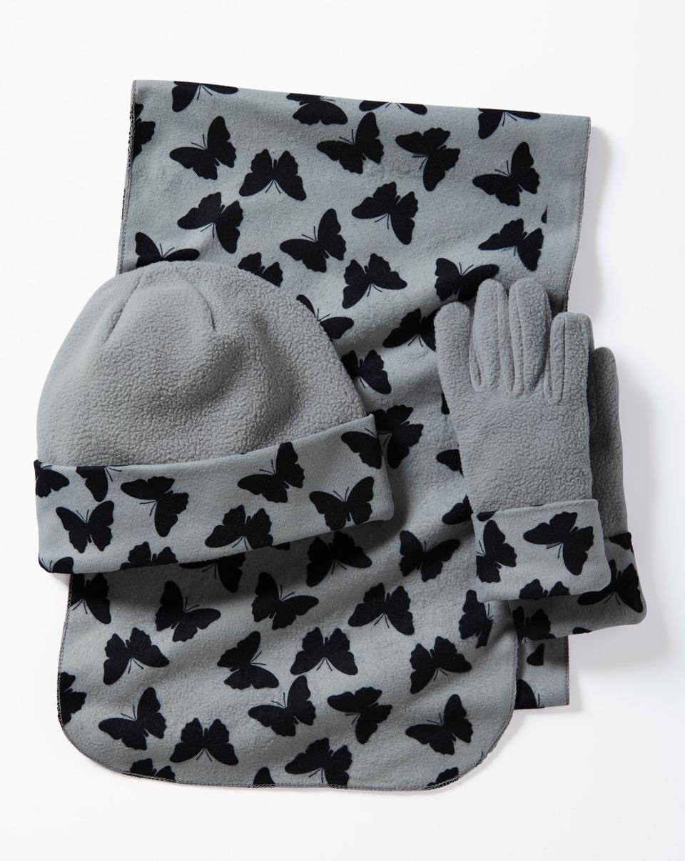Hats, Scarves & Gloves Misty Grey Cotton Traders Women Modern Fleece Butterfly Hat, Scarf And Glove Set - 1