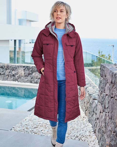 Women Coats & Jackets Special Price Claret Long Padded Hooded Coat Cotton Traders