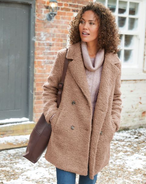 Women Warm Beige Coats & Jackets Cotton Traders Last Chance Opulent Borg Double-Breasted Coat