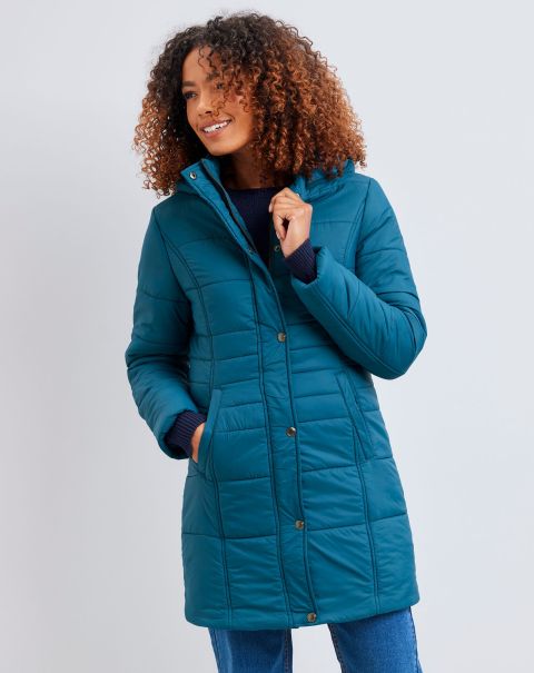 Women Cotton Traders Padded Hooded Jacket Economical Dark Teal Coats & Jackets