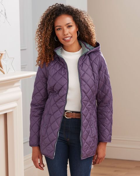 Women Dusky Purple Faux Fur-Lined Hooded Quilted Jacket Trending Coats & Jackets Cotton Traders