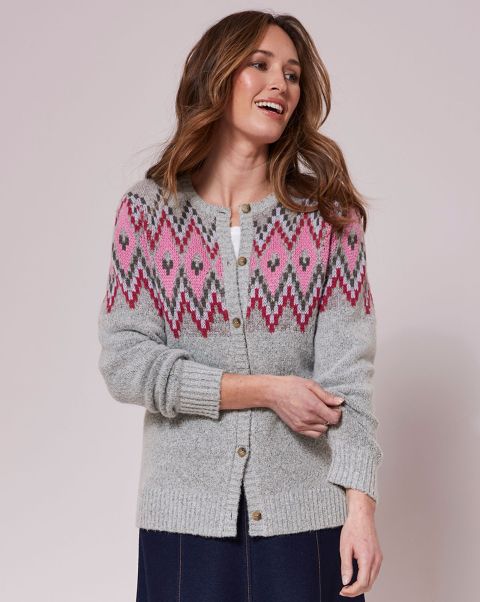 Grey Marl Tailored Knitwear Cotton Traders Patterned Button Cardigan Women