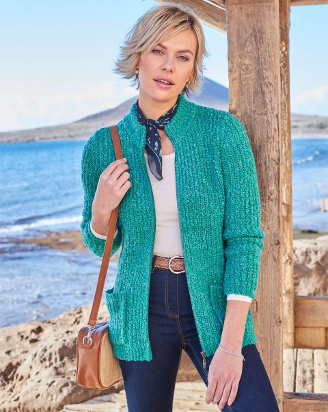Knitwear Fleck Zip Cardigan Women Marine Cotton Traders Premium