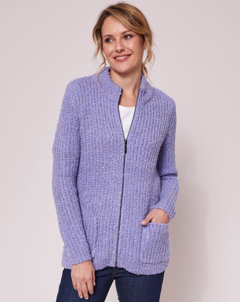 Women Exclusive Cotton Traders Fleck Zip Cardigan Soft Iris Knitwear