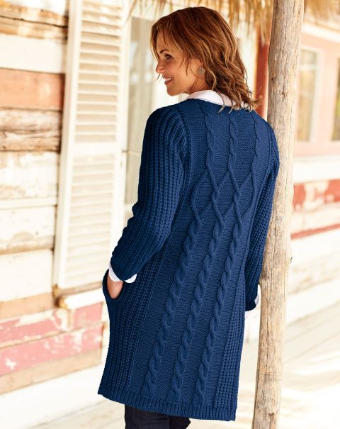 Women Knitwear Cotton Traders Longline Cable Coatigan Deep Blue Quality