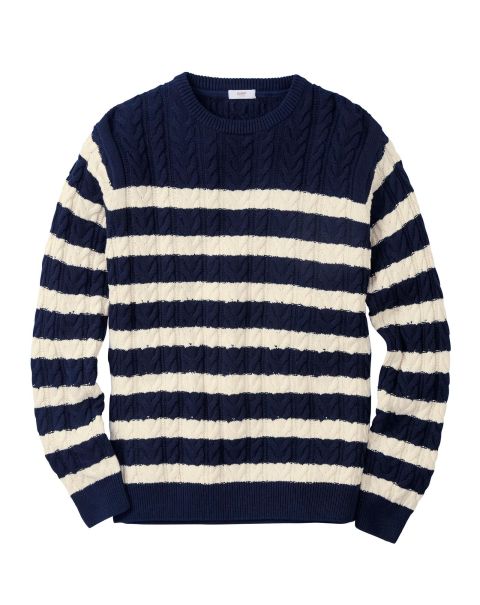 Stripe Cotton Cable Knit Crew Neck Jumper Women Knitwear Deal Navy Cotton Traders