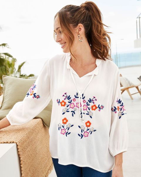 Shirts & Blouses Cut-Price Cotton Traders Embroidered ¾ Sleeve Crinkle Blouse Ivory Women