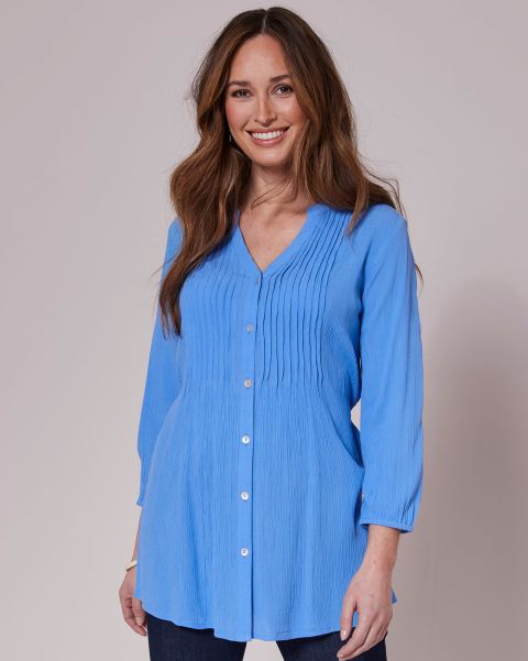 Clearance Shirts & Blouses Women Crinkle ¾ Sleeve Tunic Cotton Traders Vivid Blue