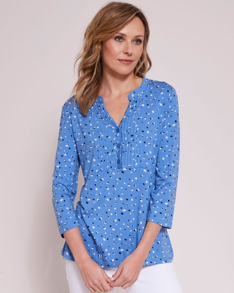 Cotton Traders Exceptional French Blue ¾ Sleeve Print Jersey Blouse Shirts & Blouses Women