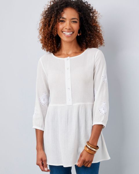 Everly Embroidered Sleeve Crinkle Tunic Reduced Shirts & Blouses Cotton Traders White Women