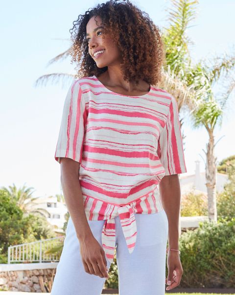 Women Flamingo Linen-Blend Tie-Waist Printed Blouse Cotton Traders Shirts & Blouses New
