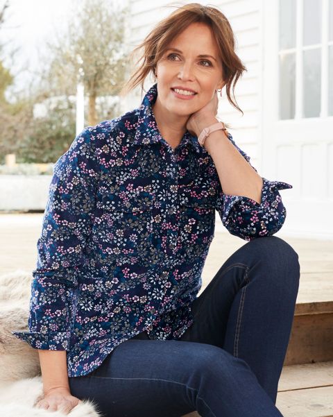 Exclusive Cotton Traders Navy Women Shirts & Blouses No-Ordinary Print Stretch Cord Shirt