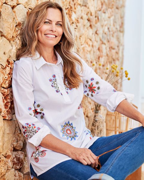 Cotton Traders Discover White Women Mandala Embroidered Cotton Overshirt Shirts & Blouses