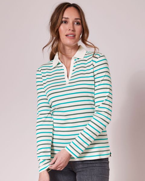 Wrinkle Free Long Sleeve Stripe Polo Top Women Cream Tops & T-Shirts Easy-To-Use Cotton Traders