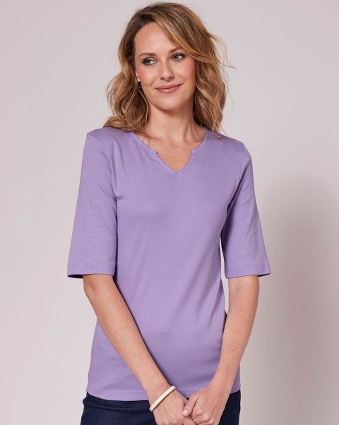 Wrinkle Free ½ Sleeve Notch Neck Jersey Top Cotton Traders Women Amplify Fresh Lilac Tops & T-Shirts
