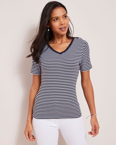 Tops & T-Shirts Navy Women Cotton Traders Wrinkle Free Short Sleeve Stripe V-Neck Top Robust
