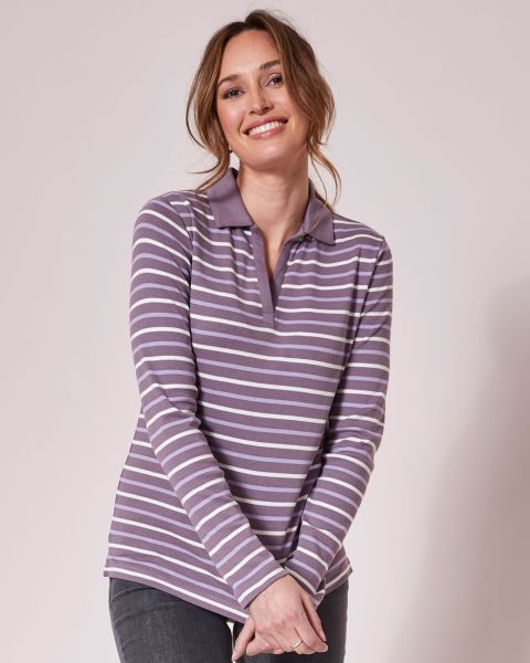 Wrinkle Free Long Sleeve Stripe Polo Top Cotton Traders Tops & T-Shirts Women Dark Grape Fashionable