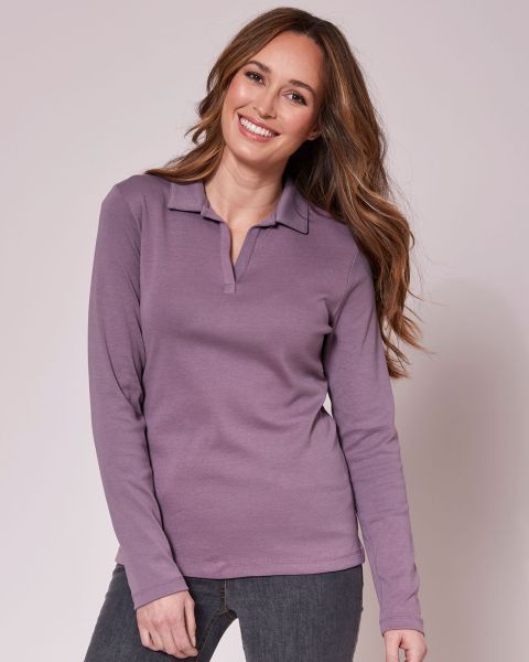 Cotton Traders Rare Dusky Heather Women Tops & T-Shirts Wrinkle Free Long Sleeve Polo Top
