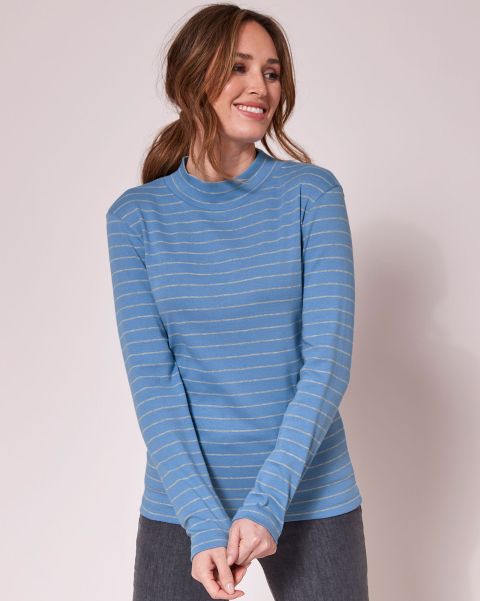 Advanced French Blue Tops & T-Shirts Women Wrinkle Free Long Sleeve Stripe Turtleneck Cotton Traders