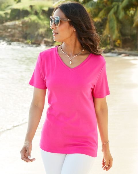 Wrinkle Free Short Sleeve V-Neck Top Pink Rose Cotton Traders Women Tops & T-Shirts Versatile