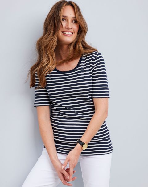 Navy Tops & T-Shirts Cotton Traders Modern Wrinkle Free Short Sleeve Scoop Neck Stripe Jersey T-Shirt Women