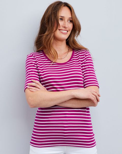 Cotton Traders Women Tops & T-Shirts Closeout Wrinkle Free Short Sleeve Scoop Neck Stripe Jersey T-Shirt Dark Magenta