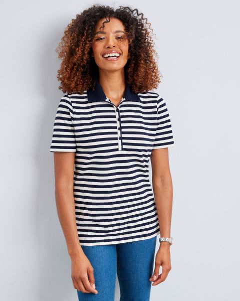 Cotton Traders Navy Ergonomic Women In-Line Short Sleeve Piqué Jersey Stripe Polo Top Tops & T-Shirts