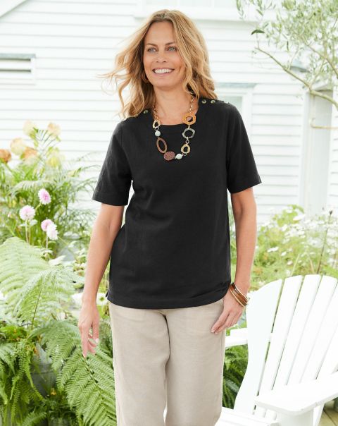 Cotton Traders Trending Tops & T-Shirts Black Cotton-Linen Button Detail Top Women