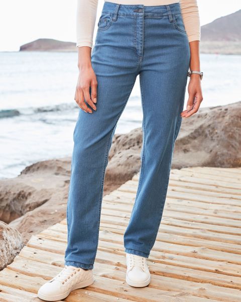 Women Revolutionize Trousers Cotton Traders Washed Blue Relaxed Fit Stretch Straight-Leg Jeans