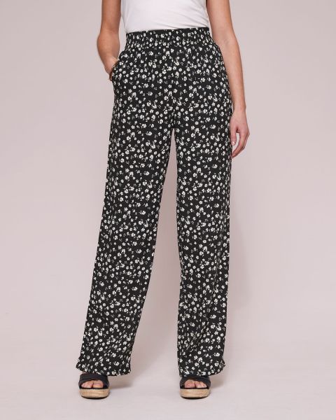 Black High-Performance Cotton Traders Pull-On Print Wide-Leg Trousers Trousers Women