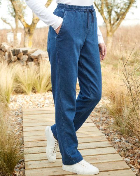 Women Cotton Traders Promo Trousers Denim Blue Stretch Denim Pull-On Trousers