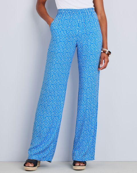 Sienna Printed Pull-On Wide-Leg Trousers Bright Blue Women Trusted Cotton Traders Trousers