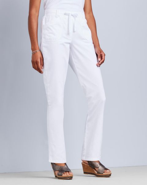 Women White Sumptuous Trousers Cotton Traders Wrinkle Free Pull-On Straight-Leg Trousers