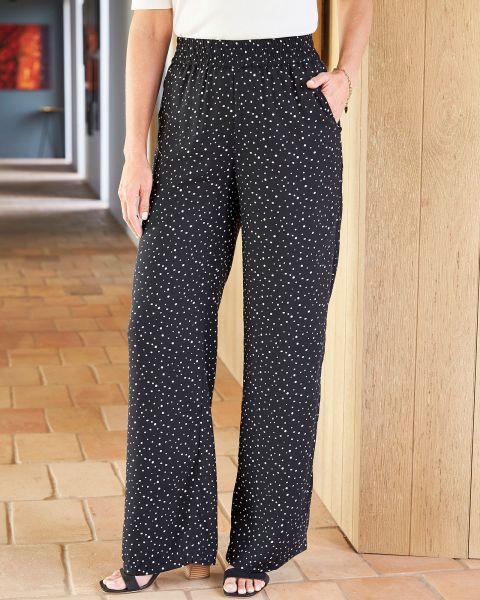 Women Inexpensive Black Trousers Cotton Traders Good-Life Printed Wide Leg Trousers