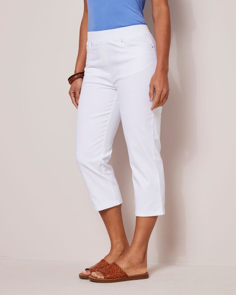 Store Trousers Premium Pull-On Rib Waist Twill Crop Jeans White Women Cotton Traders