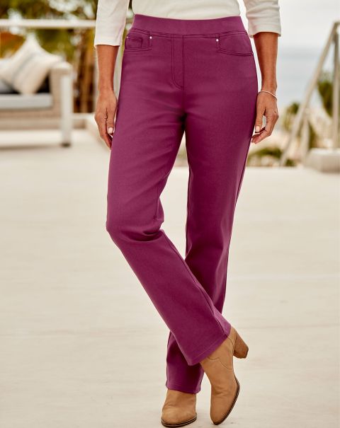 Trousers Streamline Women Premium Pull-On Straight-Leg Twill Trousers Cotton Traders Dark Raspberry
