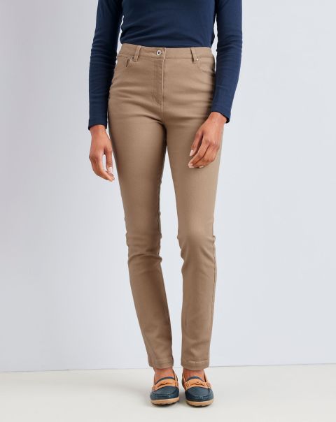 Women Pale Camel Spacious Cotton Traders Trousers Stretch Twill Straight-Leg Trousers