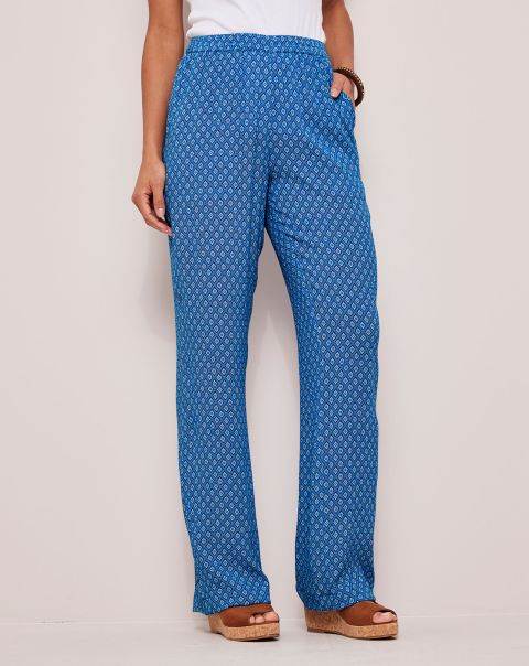 Cotton Traders Trousers Bright Cobalt Women Pull-On Printed Crinkle Trousers Fresh