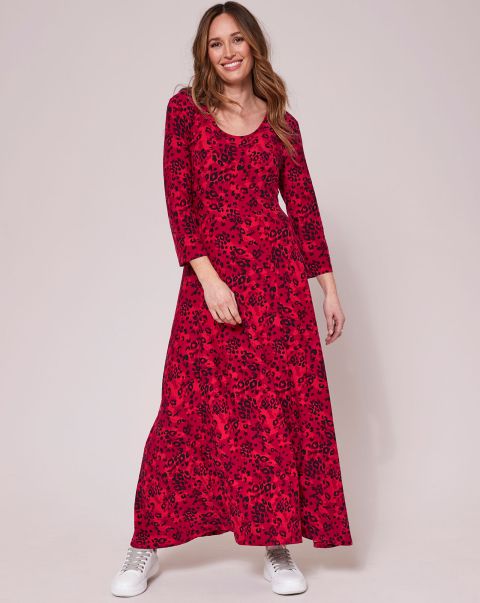 Cotton Traders Women Dresses Durable Essential Jersey Print Maxi Dress Soft Red