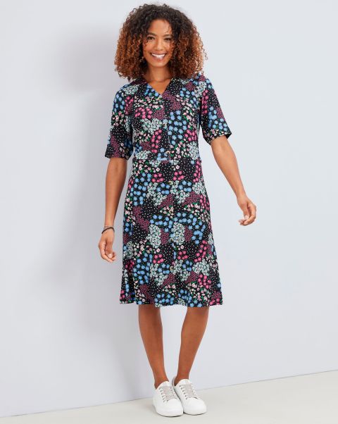 Women Black Dresses Full Bloom Printed Jersey Knee-Length Dress Cotton Traders Liquidation