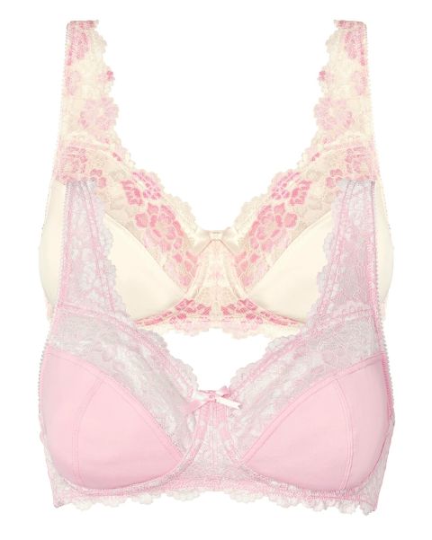 Pink Women Discover Bras 2 Pack Lily Non-Wired Lace Bras Cotton Traders