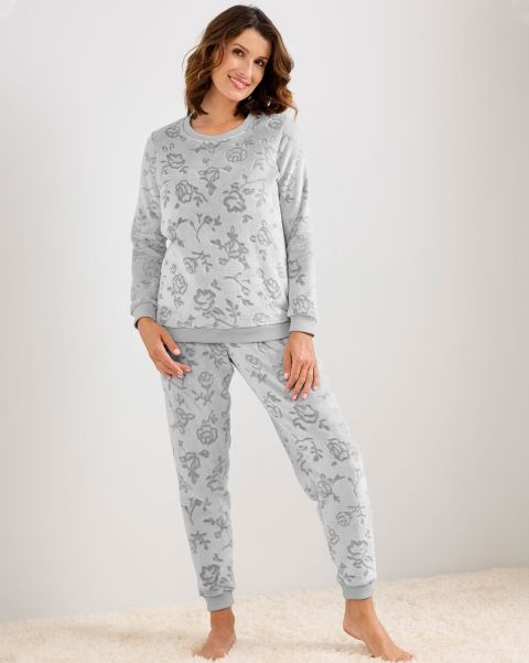 Grey Comfortable Women Textured Fleece Pj Set Cotton Traders Nightwear
