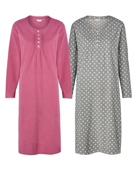Cotton Traders Grey Women Nightwear 2 Pack Fleece Nightdresses Outlet